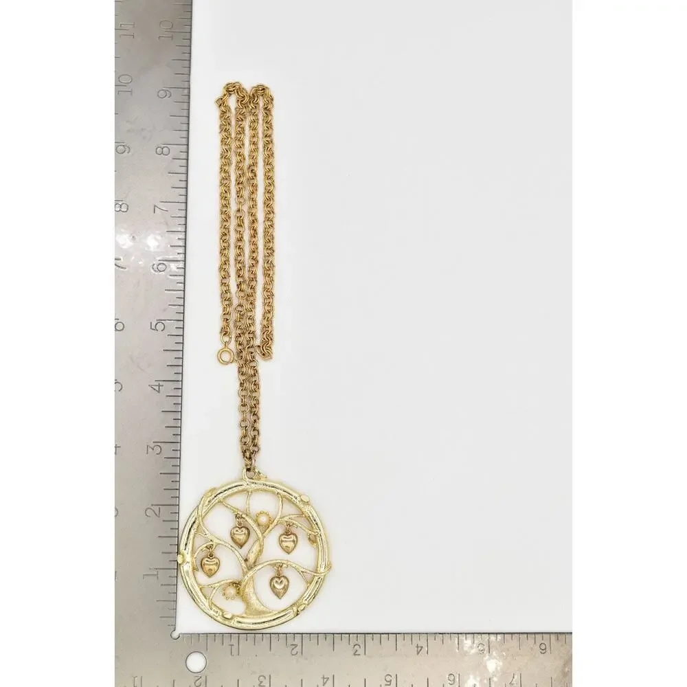 Vintage Tree Heart Pendant Necklace Pearl Charm Gold Tone Chunky 1970s BinBL